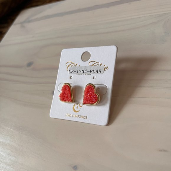 Pink Druzy Heart Stud Earrings for Women Sparkly Gold Tone Bezel Large Studs - Picture 3 of 5